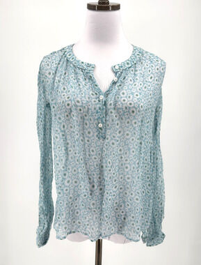 ⁠Ermanno Scervino Blue Floral Semi Sheer Long-Sleeve Blouse Top